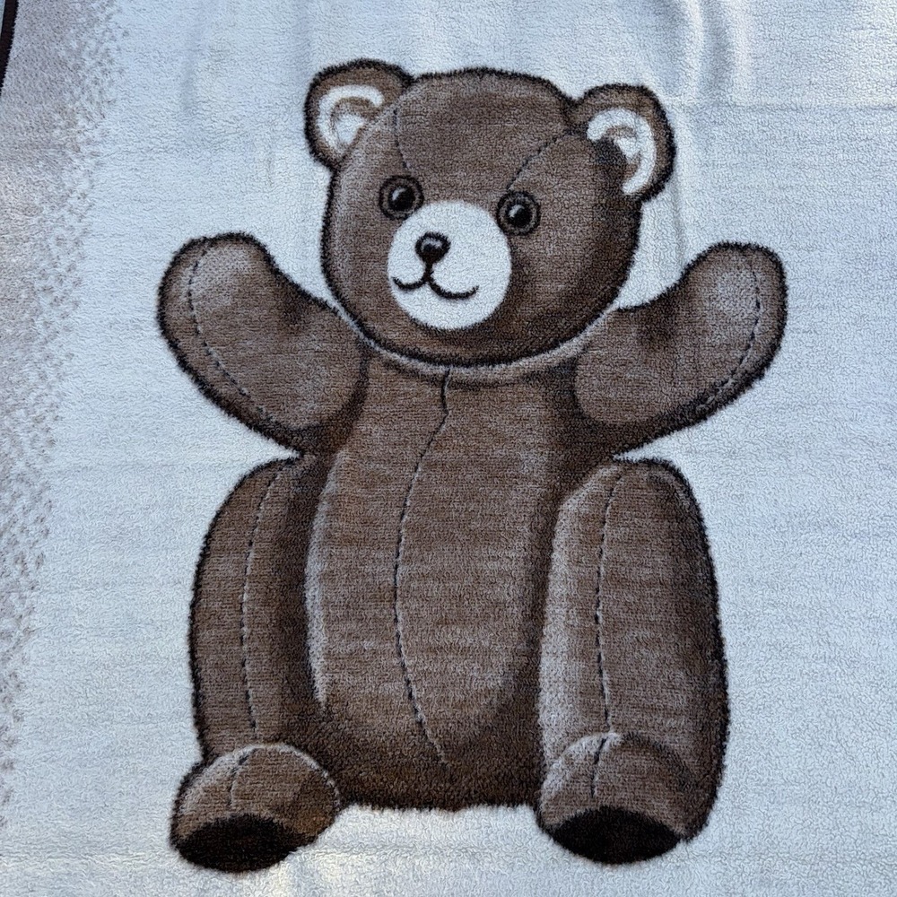 Vintage Teddy Bear San Marcos Style Plush Reversible Blanket Brown Cream 50x78
